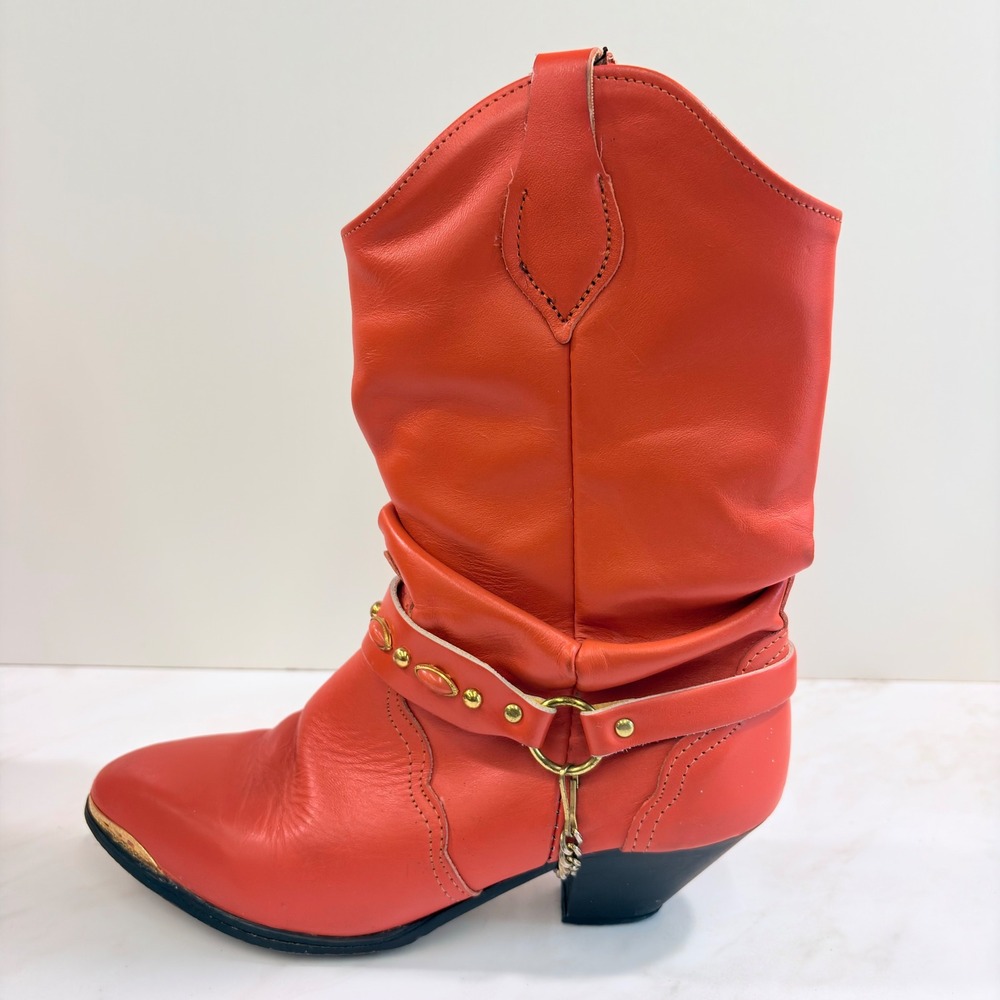Vintage Western 80s Boots Slouchy Harness Studded Chain Orange Women Red